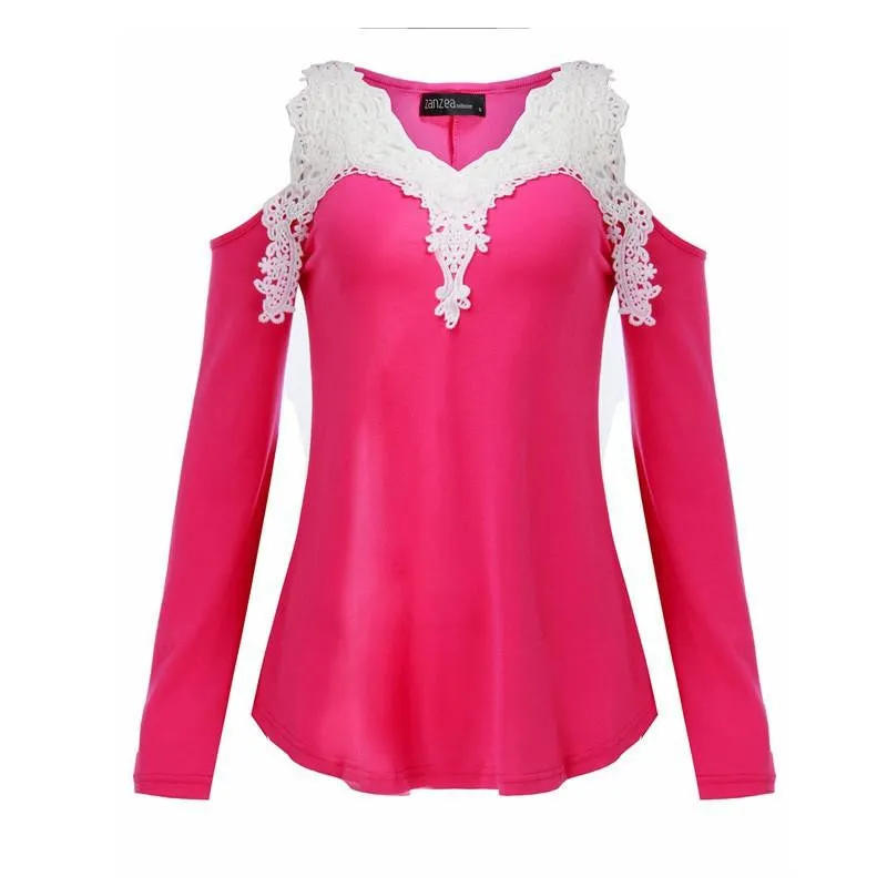 Women Blouses Off Shoulder Blouse Elegant Lace V Neck Shirt Ladies Long Sleeve Tops Plus Size