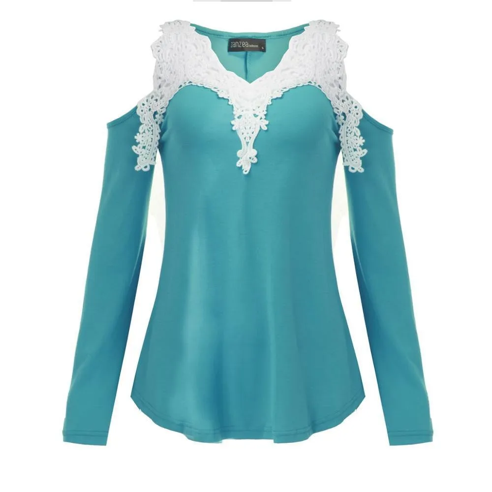 Women Blouses Off Shoulder Blouse Elegant Lace V Neck Shirt Ladies Long Sleeve Tops Plus Size