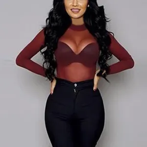 Women Blouses See Through Transparent Mesh O-Neck Long Sleeve Ladies Sheer Blouse Shirt Plus Size