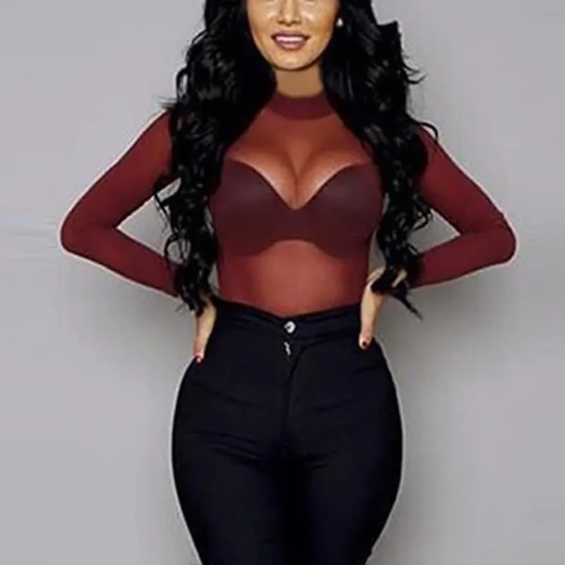Women Blouses See Through Transparent Mesh O-Neck Long Sleeve Ladies Sheer Blouse Shirt Plus Size