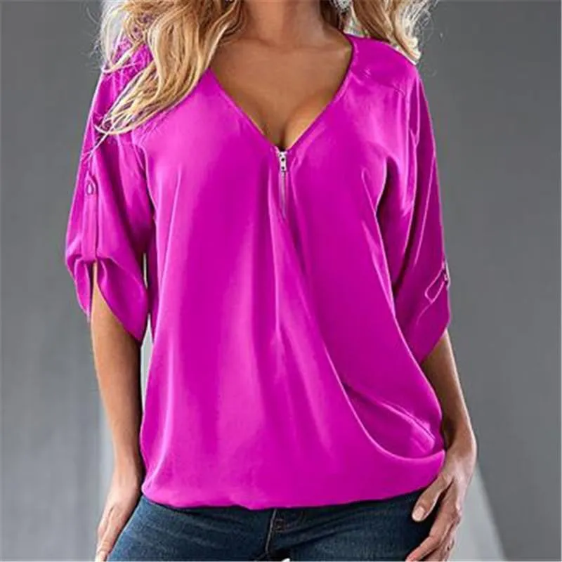 Women Blouses V Neck ZIpper Half Sleeve Shirt Women Plus Size 5XL Blouse Casual Loose Women Tops