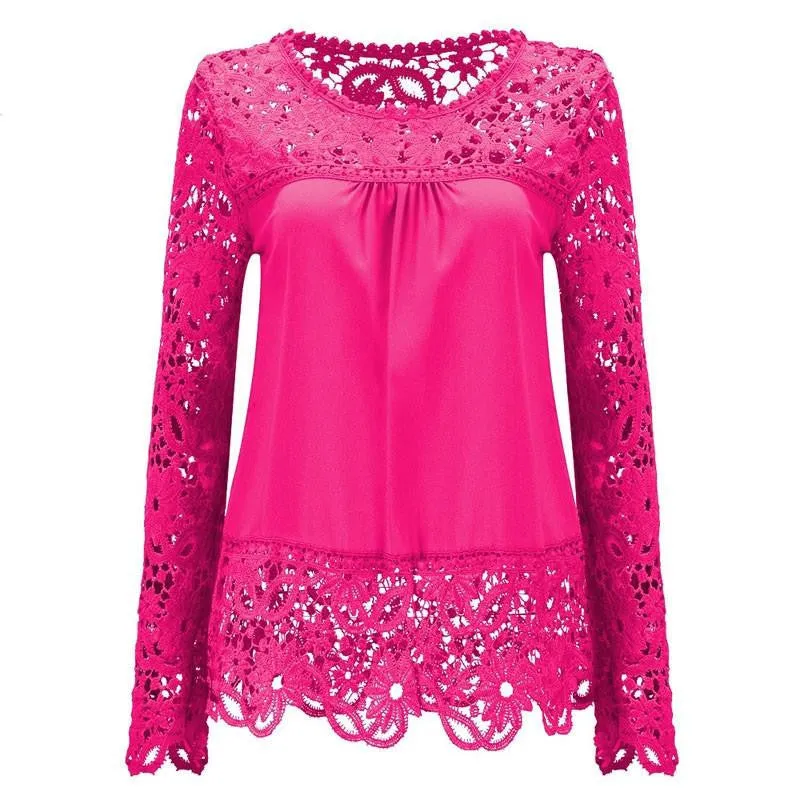 Women Chiffon Blouses Shirts Long Sleeve Tops Lace Blouses Hollow out Crochet Fashion Plus size LY154