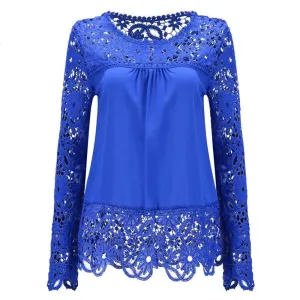 Women Chiffon Blouses Shirts Long Sleeve Tops Lace Blouses Hollow out Crochet Fashion Plus size LY154