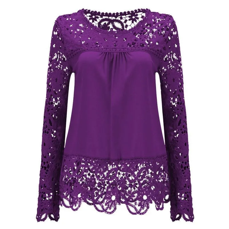 Women Chiffon Blouses Shirts Long Sleeve Tops Lace Blouses Hollow out Crochet Fashion Plus size LY154