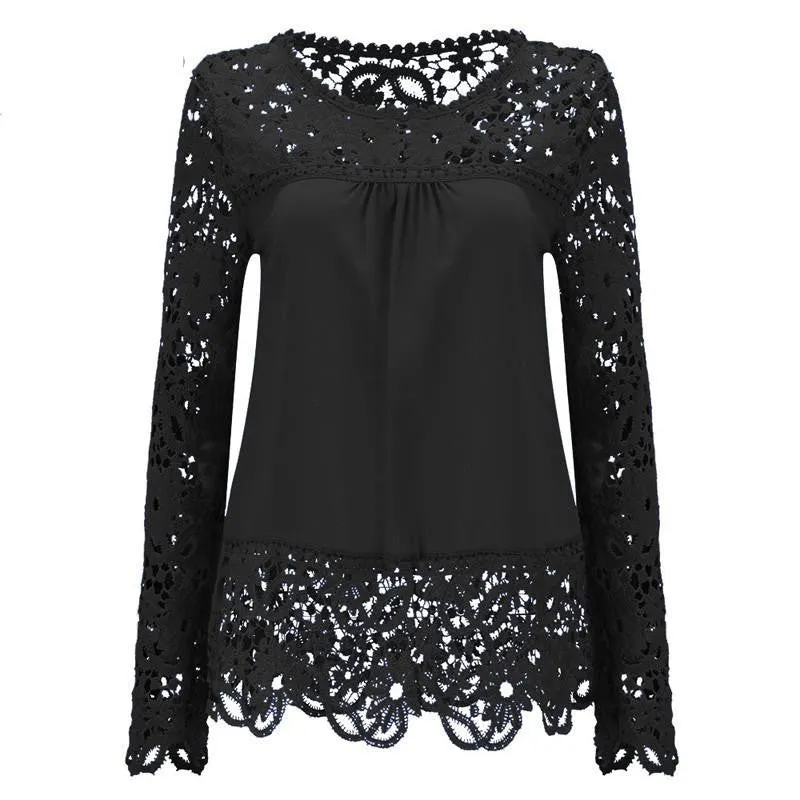 Women Chiffon Blouses Shirts Long Sleeve Tops Lace Blouses Hollow out Crochet Fashion Plus size LY154