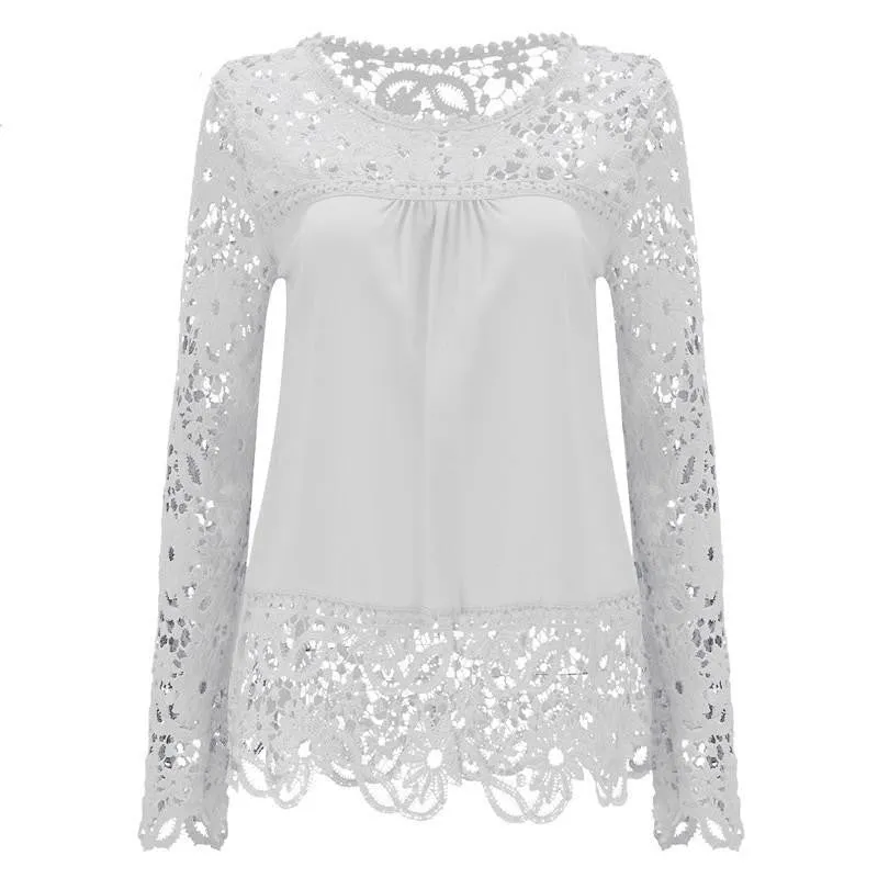 Women Chiffon Blouses Shirts Long Sleeve Tops Lace Blouses Hollow out Crochet Fashion Plus size LY154