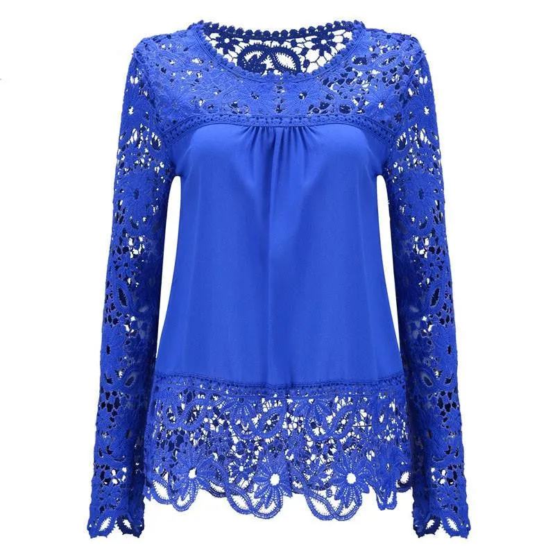 Women Chiffon Blouses Shirts Long Sleeve Tops Lace Blouses Hollow out Crochet Fashion Plus size LY154