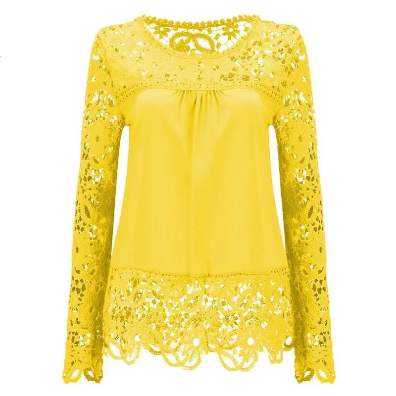 Women Chiffon Blouses Shirts Long Sleeve Tops Lace Blouses Hollow out Crochet Fashion Plus size LY154