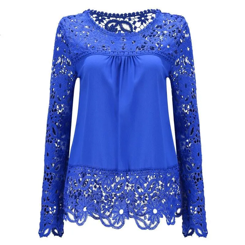 Women Chiffon Blouses Shirts Long Sleeve Tops Lace Blouses Hollow out Crochet Fashion Plus size LY154