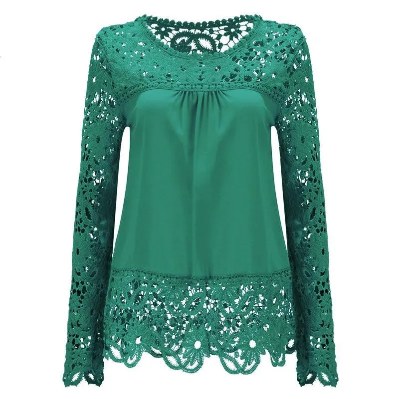 Women Chiffon Blouses Shirts Long Sleeve Tops Lace Blouses Hollow out Crochet Fashion Plus size LY154