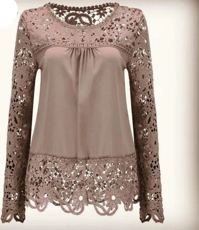 Women Chiffon Blouses Shirts Long Sleeve Tops Lace Blouses Hollow out Crochet Fashion Plus size LY154