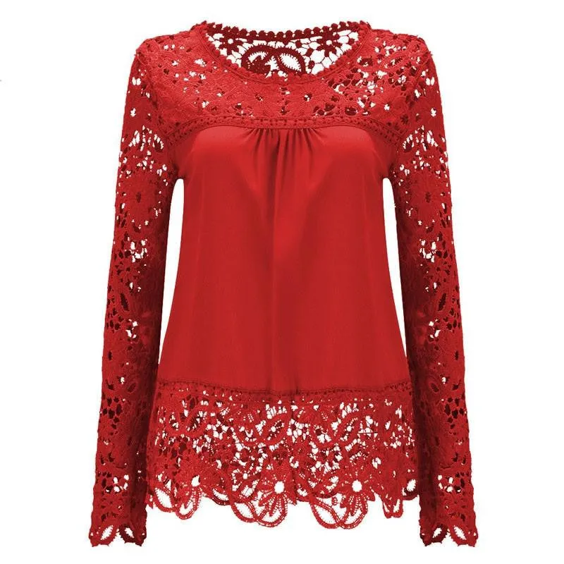 Women Chiffon Blouses Shirts Long Sleeve Tops Lace Blouses Hollow out Crochet Fashion Plus size LY154