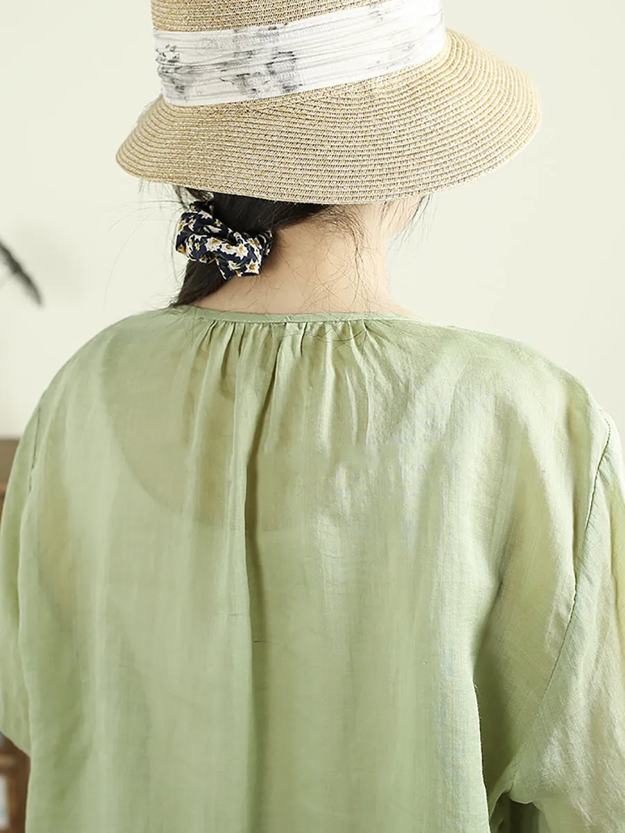 Women Spring Ethnic O-Neck Embroidery 100%Ramie Shirt