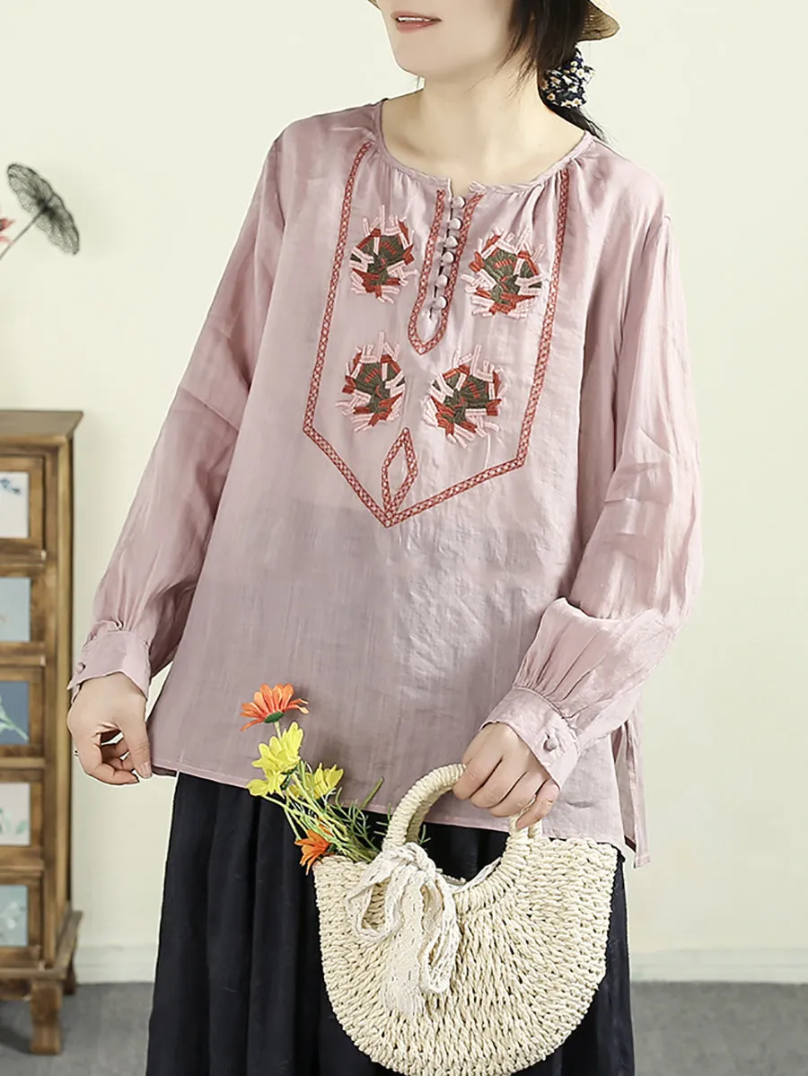 Women Spring Ethnic O-Neck Embroidery 100%Ramie Shirt