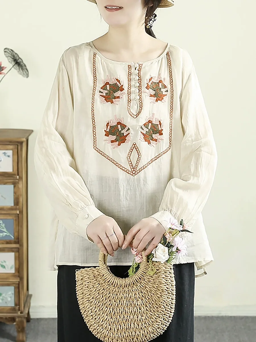 Women Spring Ethnic O-Neck Embroidery 100%Ramie Shirt