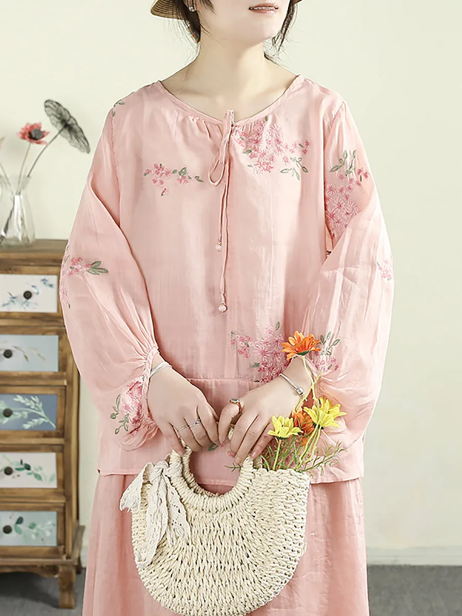 Women Spring Flower Embroidery O-Neck 100%Ramie Shirt