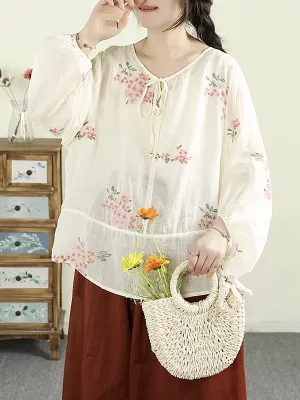Women Spring Flower Embroidery O-Neck 100%Ramie Shirt