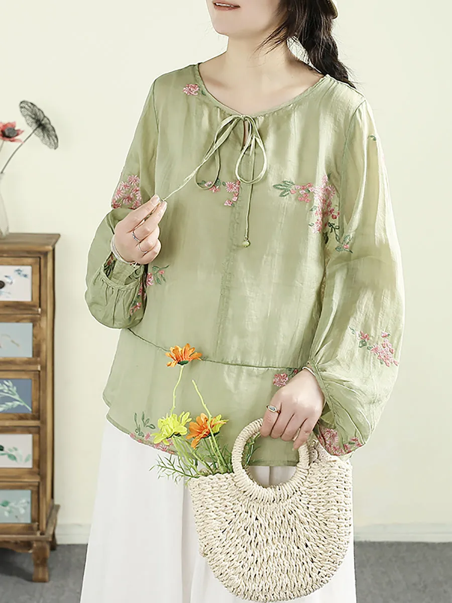 Women Spring Flower Embroidery O-Neck 100%Ramie Shirt