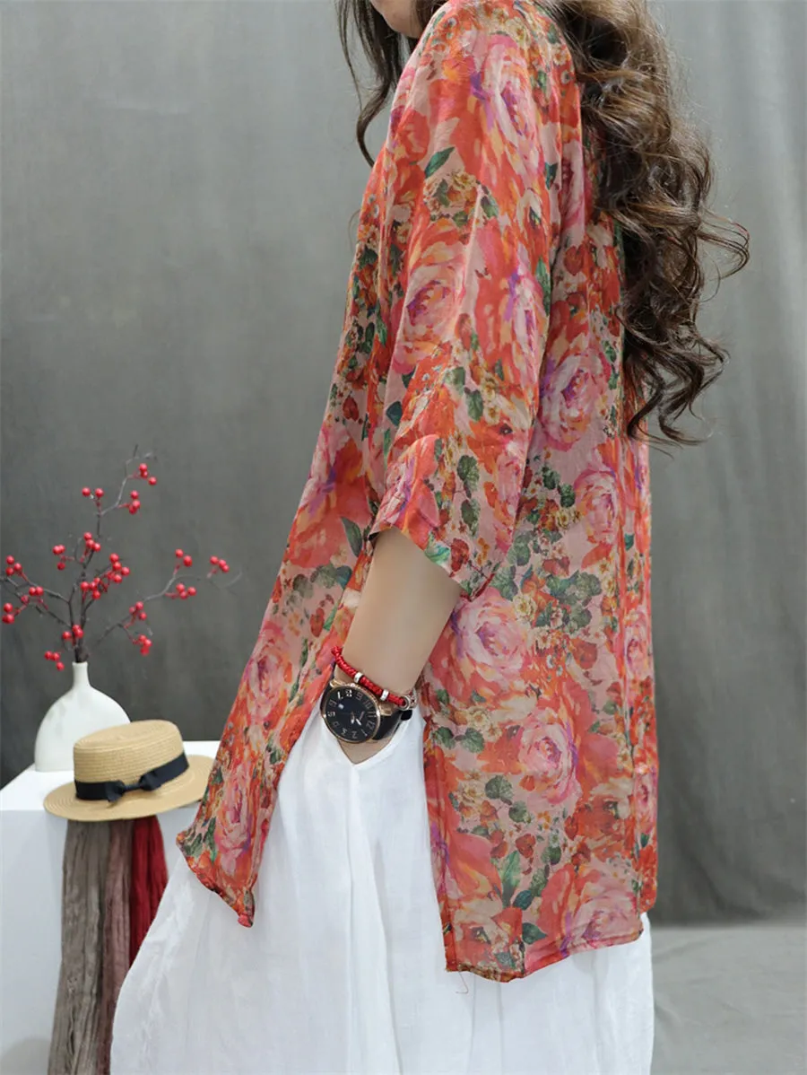 Women Spring Vintage O-Neck Flower 100%Ramie Shirt