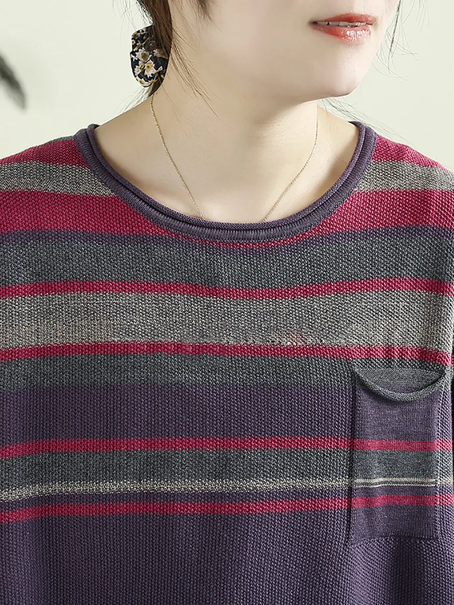 Women Summer Artsy Colorblock Stripe O-Neck Cotton Shirt