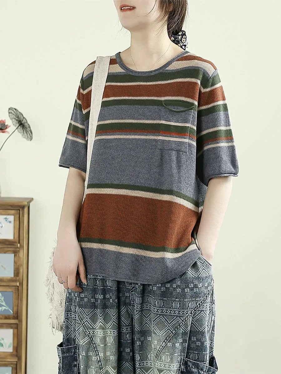 Women Summer Artsy Colorblock Stripe O-Neck Cotton Shirt