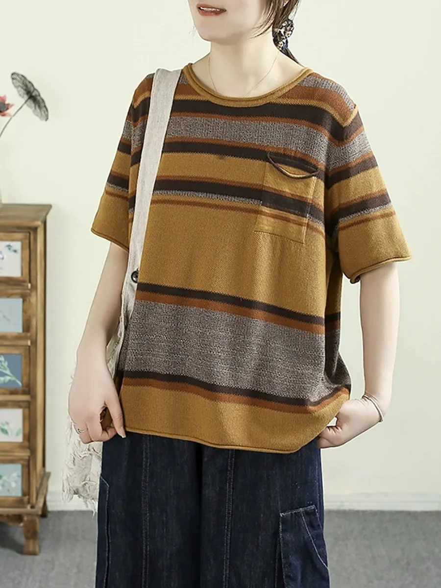 Women Summer Artsy Colorblock Stripe O-Neck Cotton Shirt