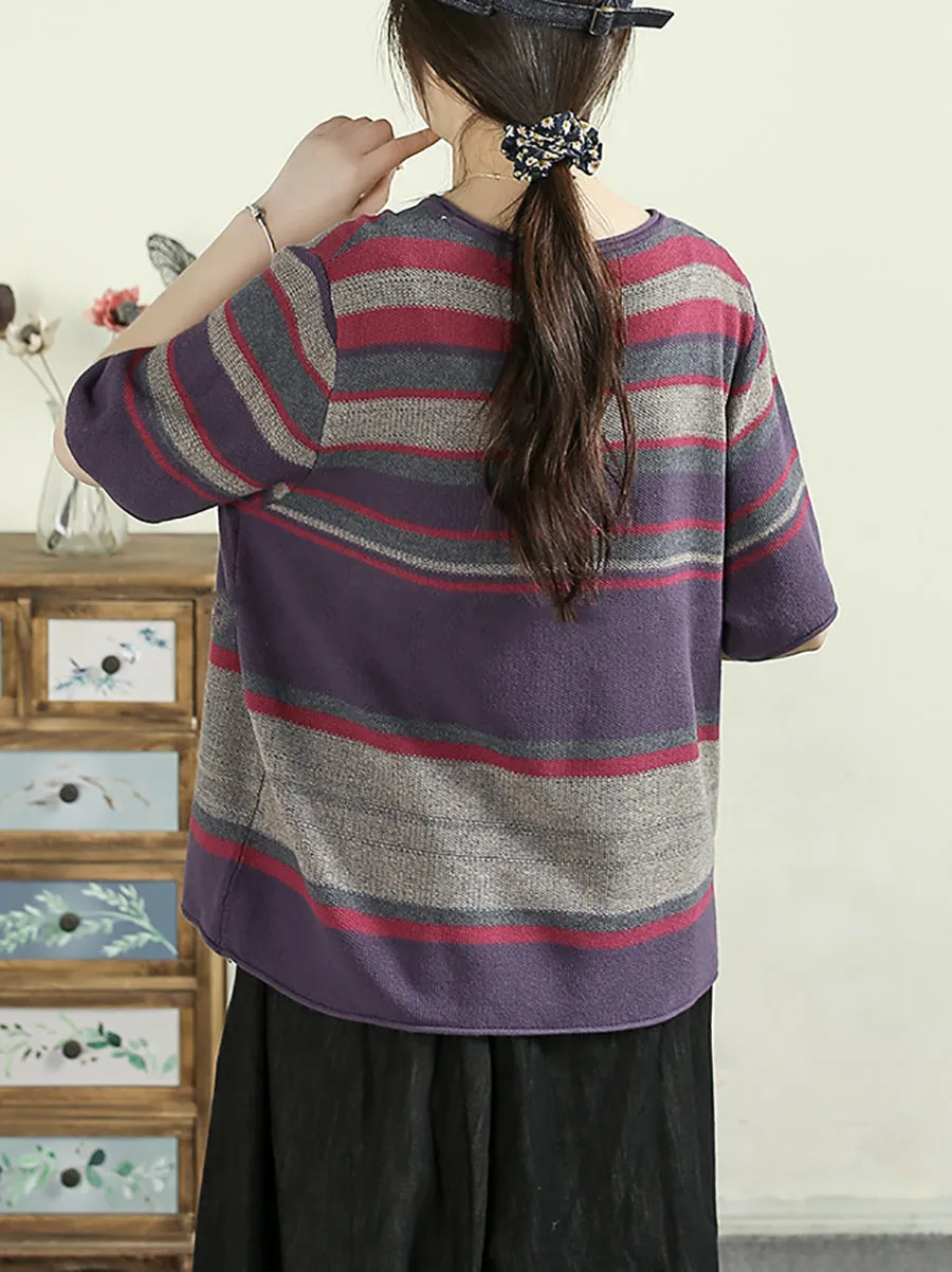 Women Summer Artsy Colorblock Stripe O-Neck Cotton Shirt
