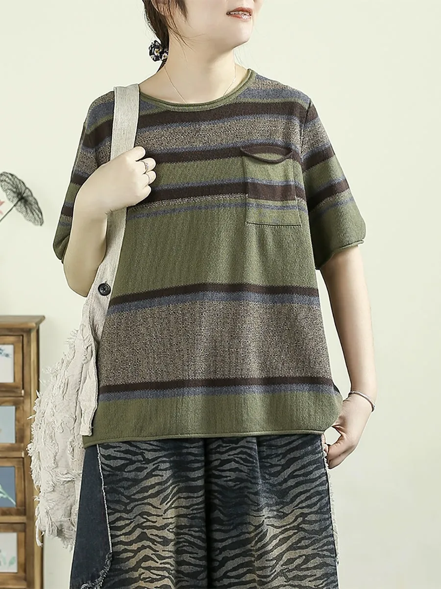Women Summer Artsy Colorblock Stripe O-Neck Cotton Shirt