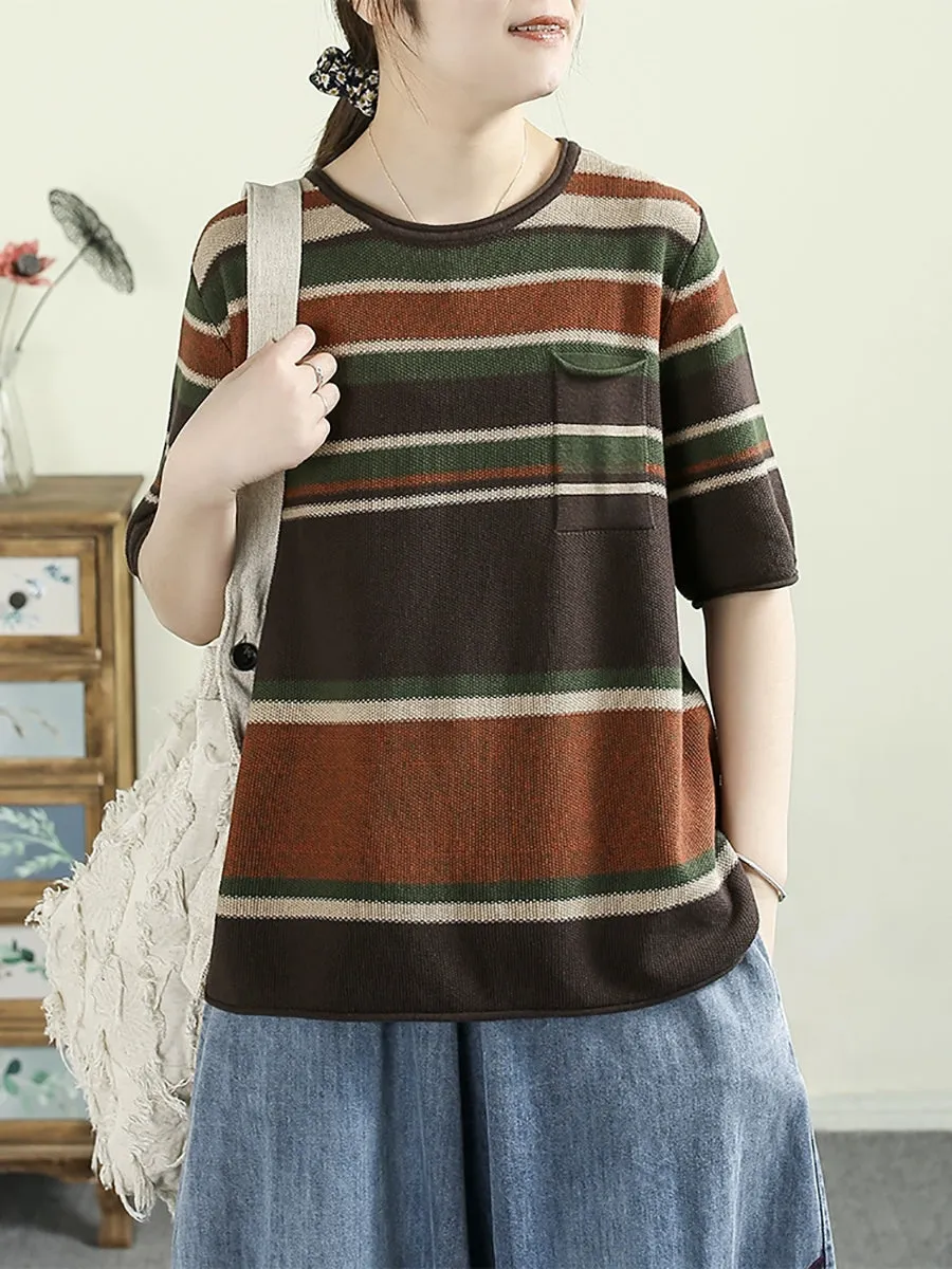 Women Summer Artsy Colorblock Stripe O-Neck Cotton Shirt