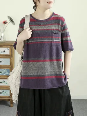 Women Summer Artsy Colorblock Stripe O-Neck Cotton Shirt