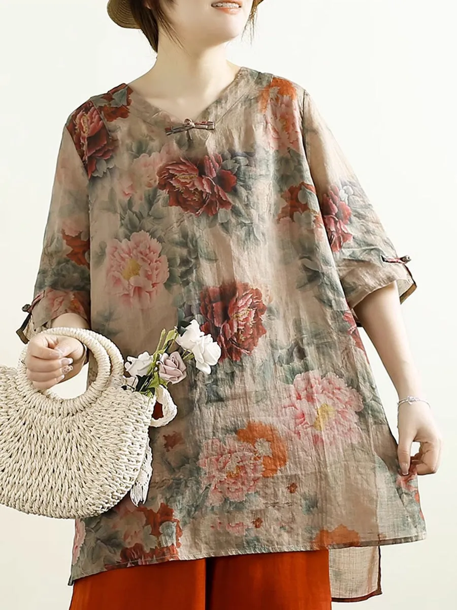 Women Summer Artsy V-Neck Flower 100%Ramie Shirt