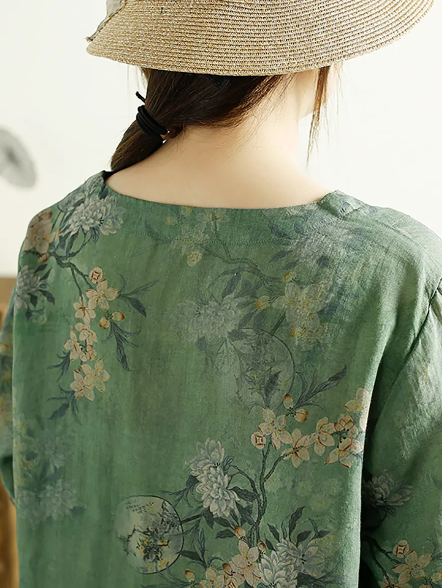 Women Summer Artsy V-Neck Flower 100%Ramie Shirt