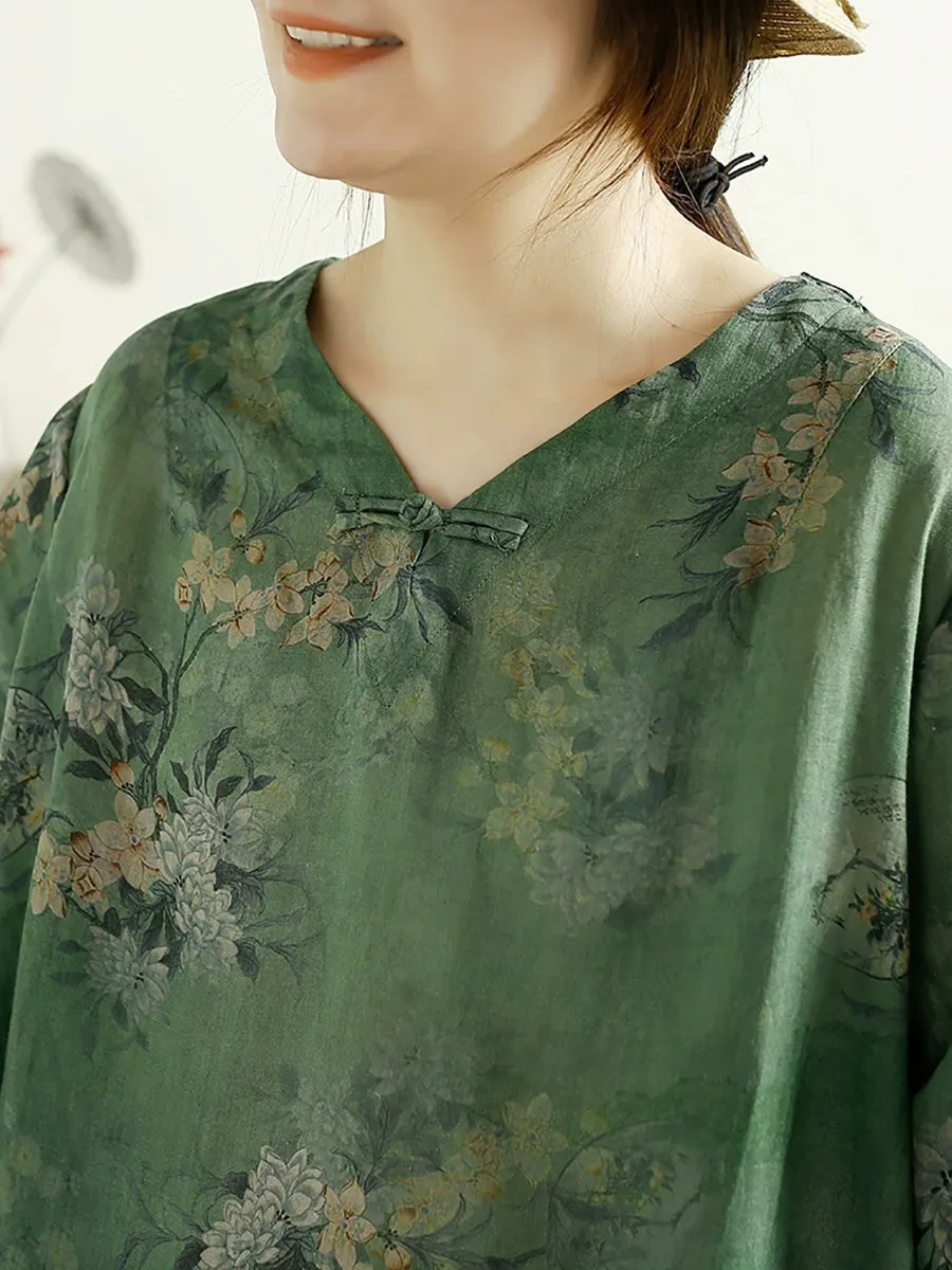 Women Summer Artsy V-Neck Flower 100%Ramie Shirt