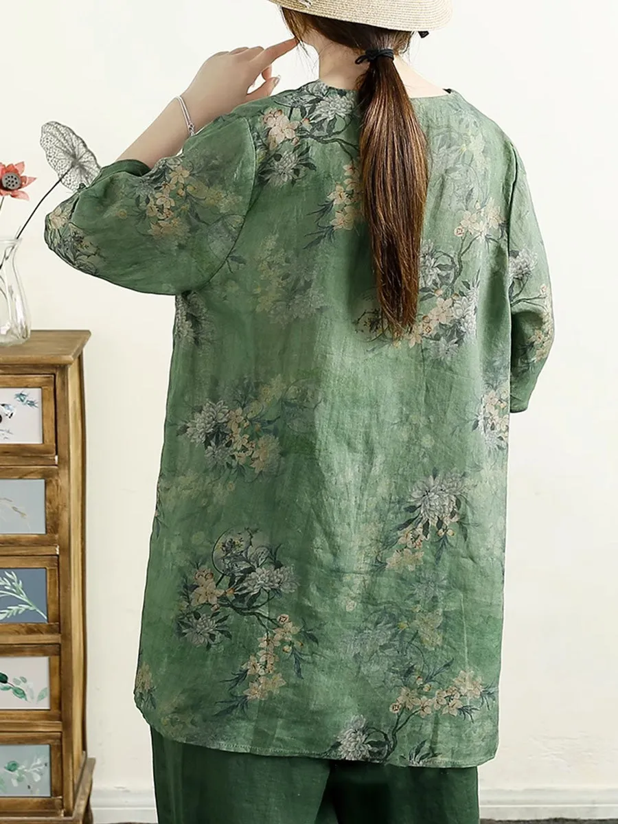 Women Summer Artsy V-Neck Flower 100%Ramie Shirt