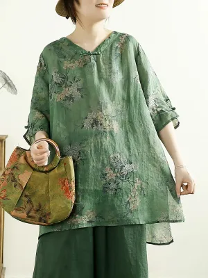 Women Summer Artsy V-Neck Flower 100%Ramie Shirt