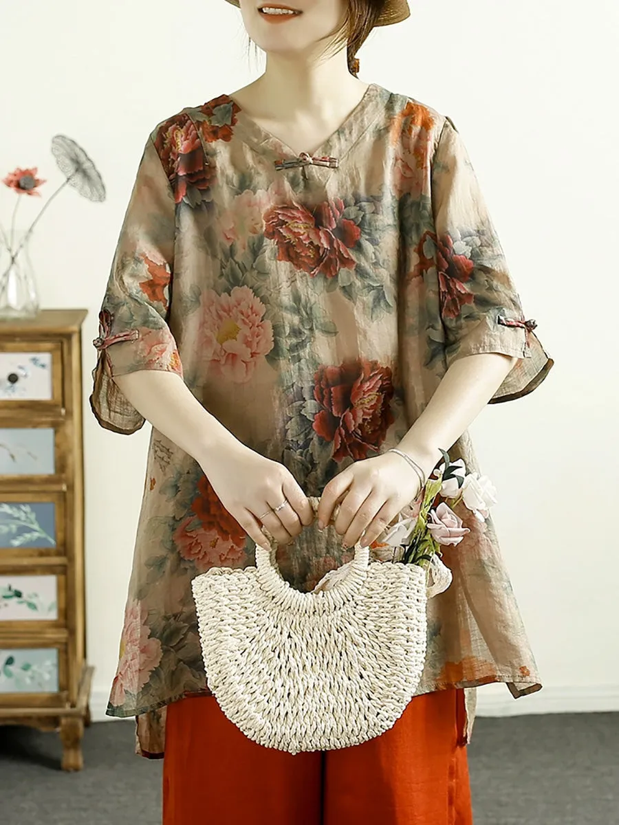 Women Summer Artsy V-Neck Flower 100%Ramie Shirt