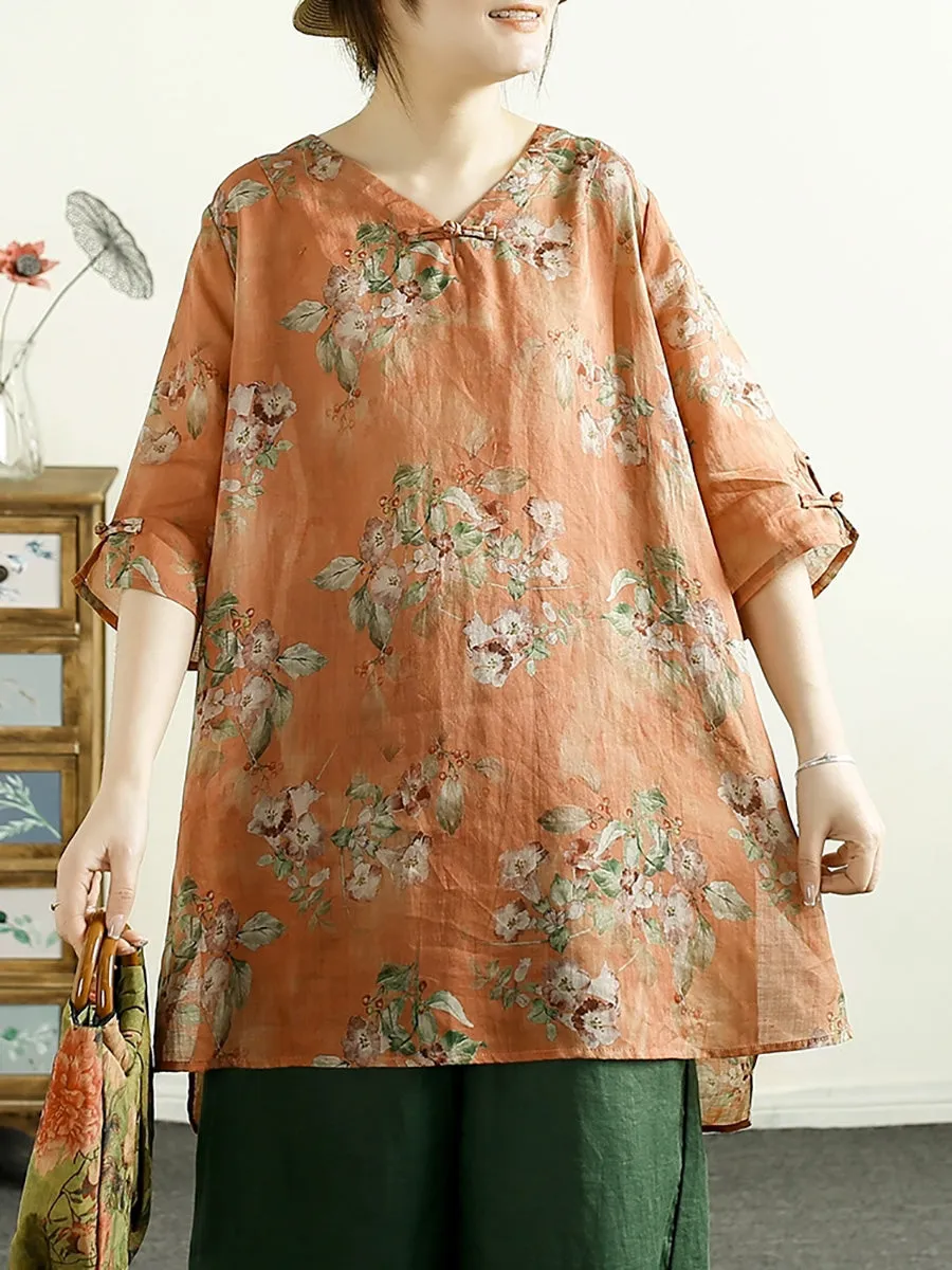 Women Summer Artsy V-Neck Flower 100%Ramie Shirt