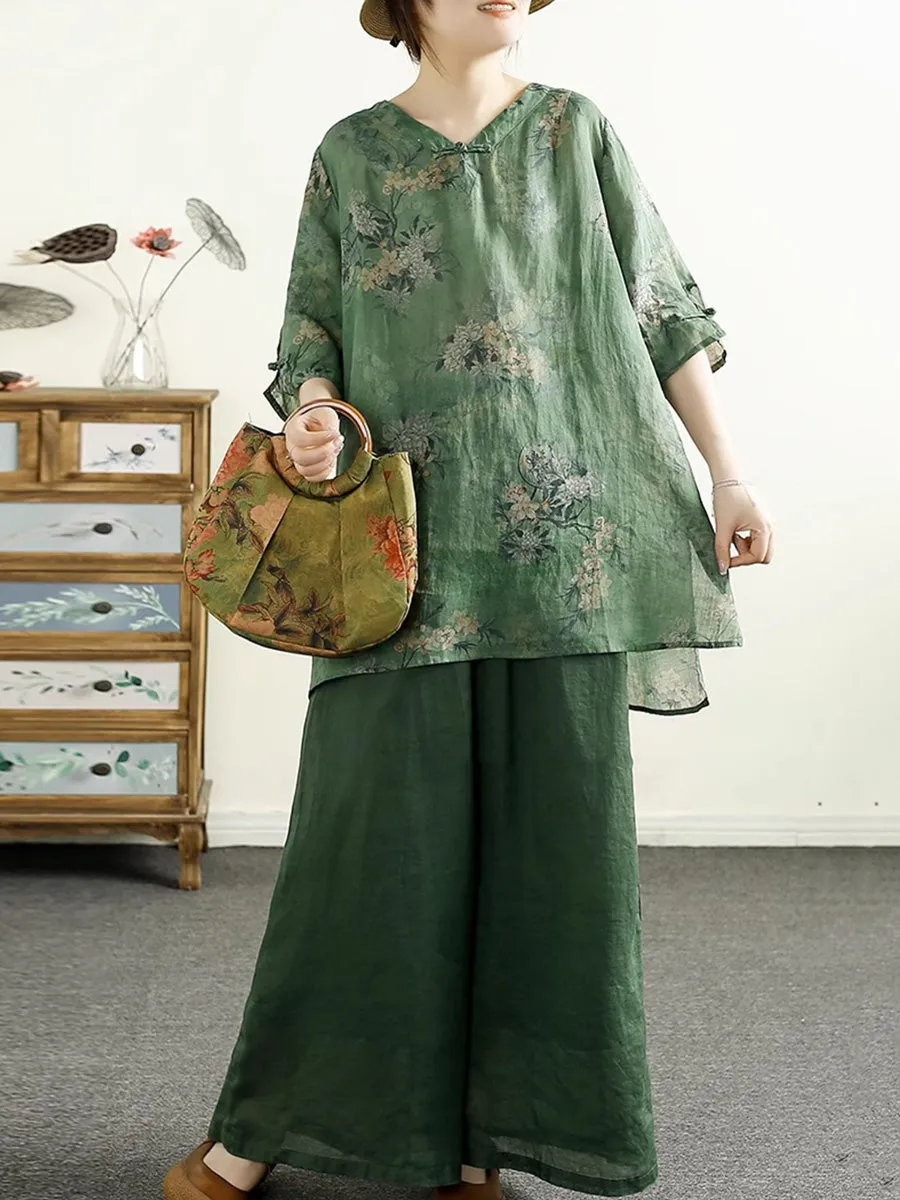 Women Summer Artsy V-Neck Flower 100%Ramie Shirt