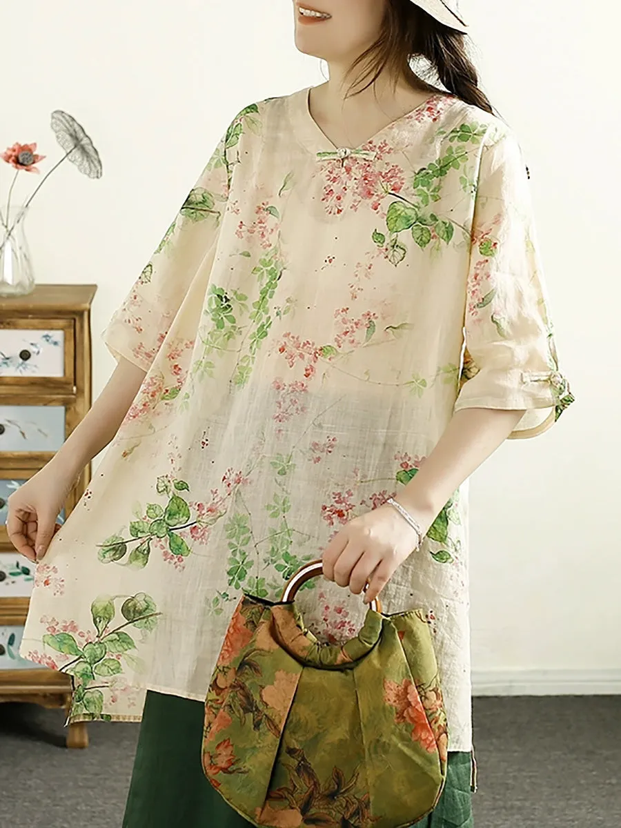 Women Summer Artsy V-Neck Flower 100%Ramie Shirt