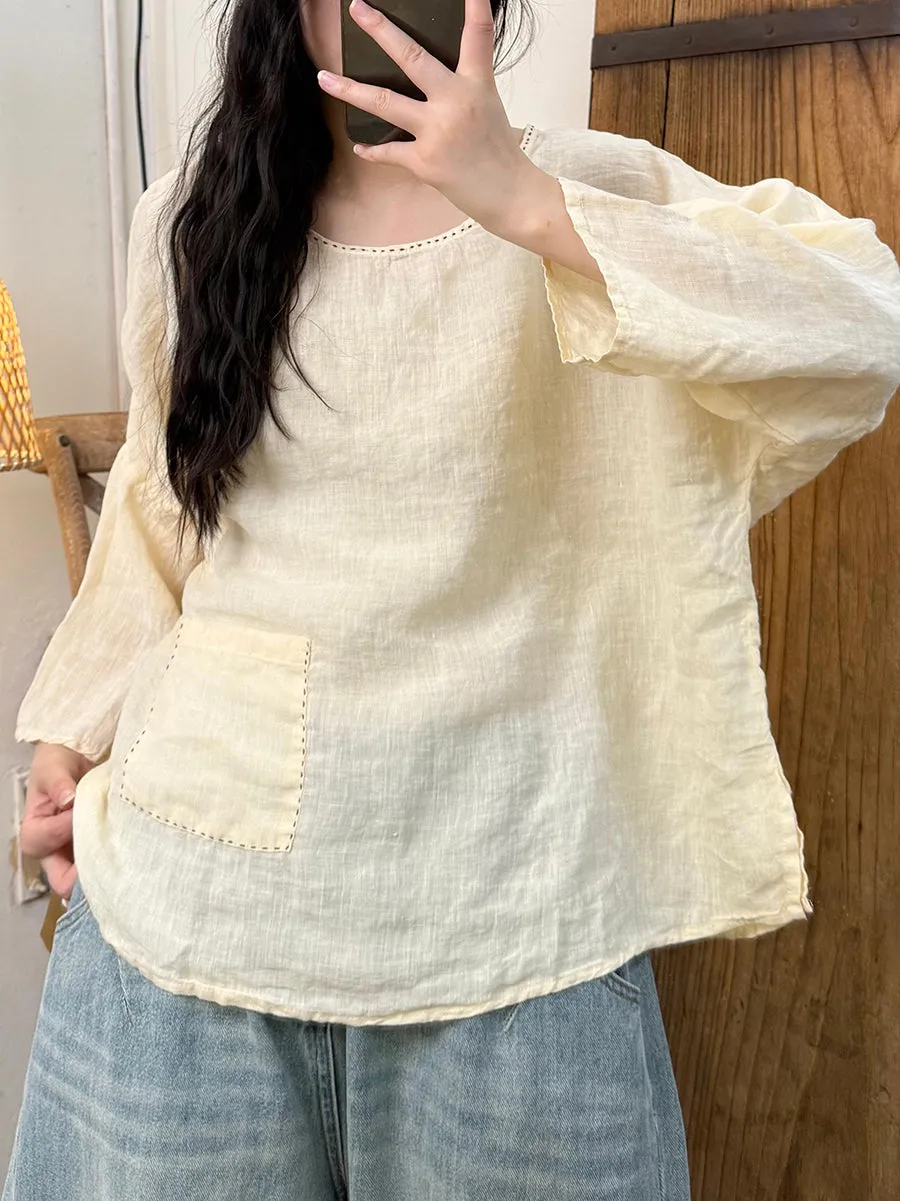 Women Summer Pure Color O-Neck Linen Shirt