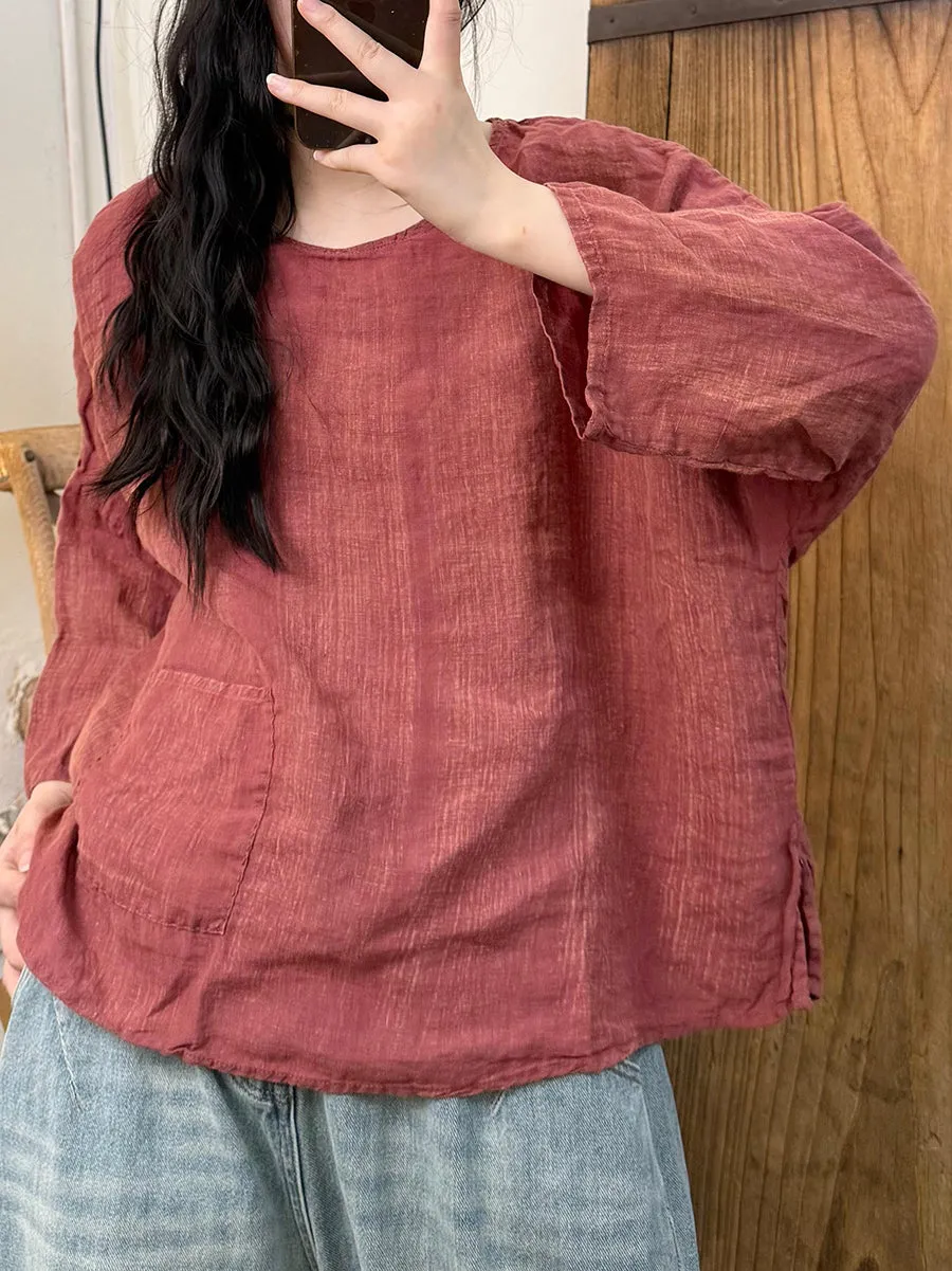 Women Summer Pure Color O-Neck Linen Shirt
