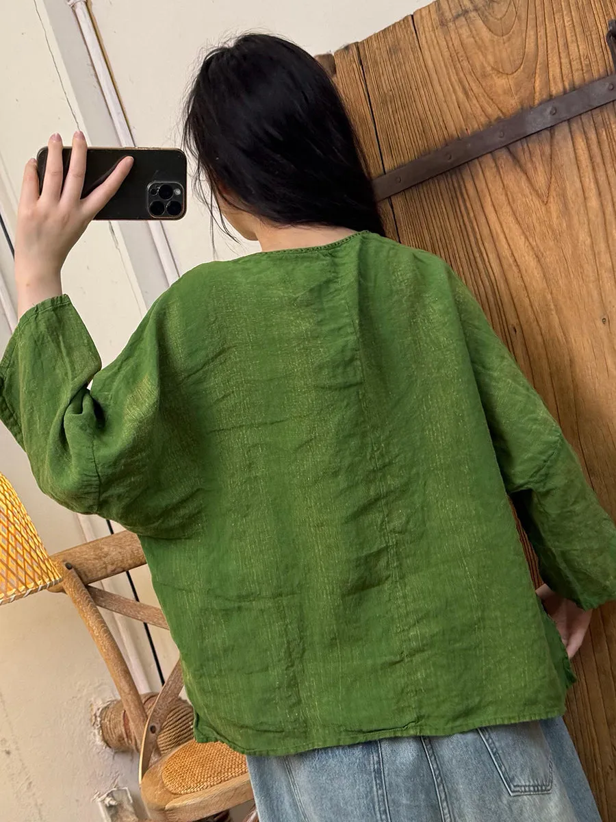 Women Summer Pure Color O-Neck Linen Shirt