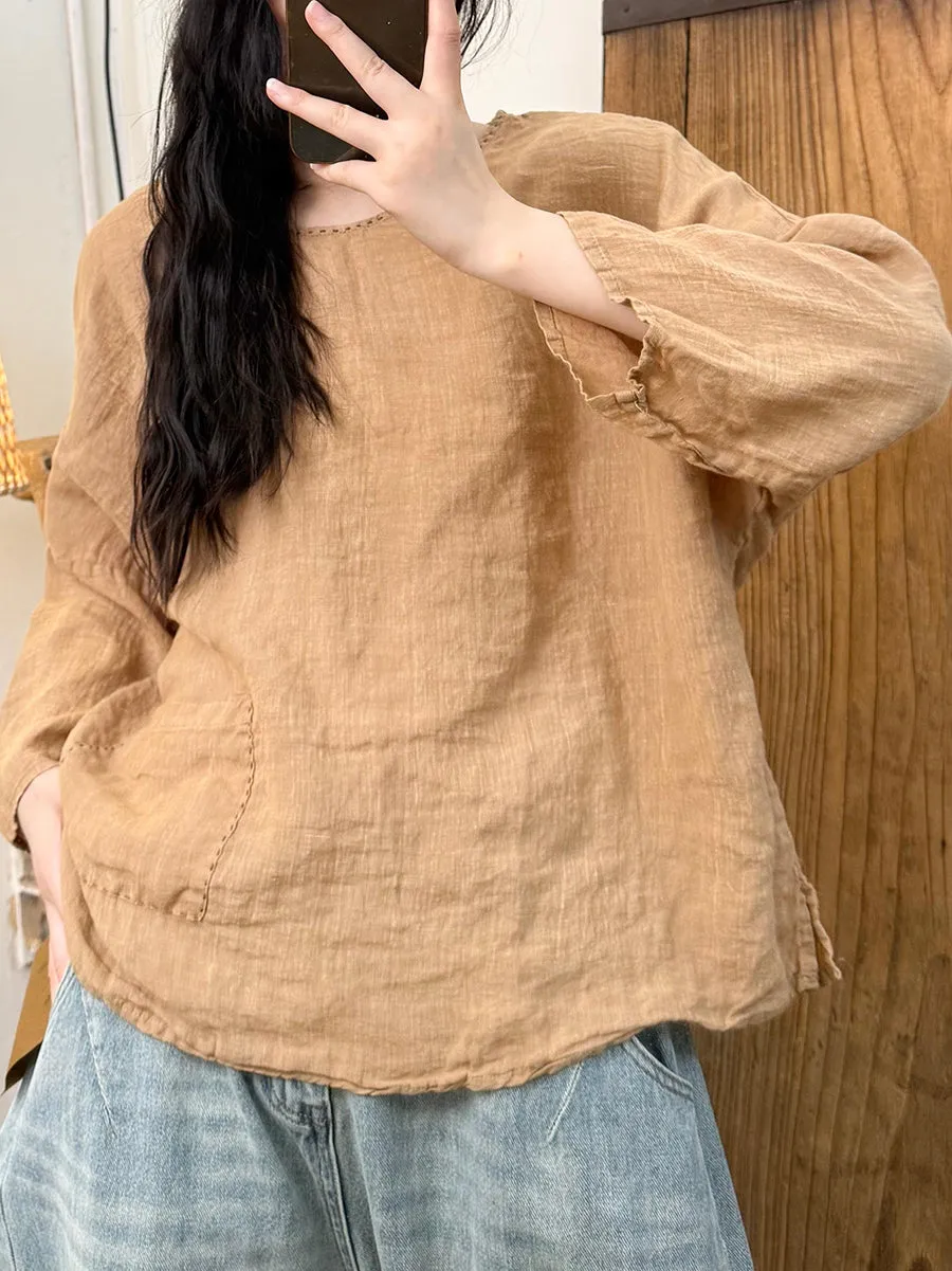 Women Summer Pure Color O-Neck Linen Shirt