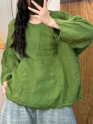 Women Summer Pure Color O-Neck Linen Shirt