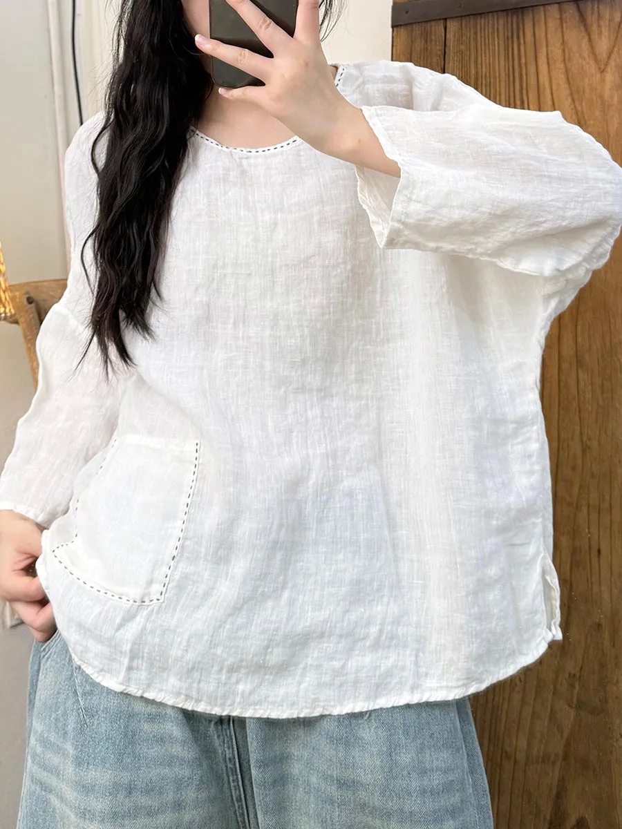 Women Summer Pure Color O-Neck Linen Shirt