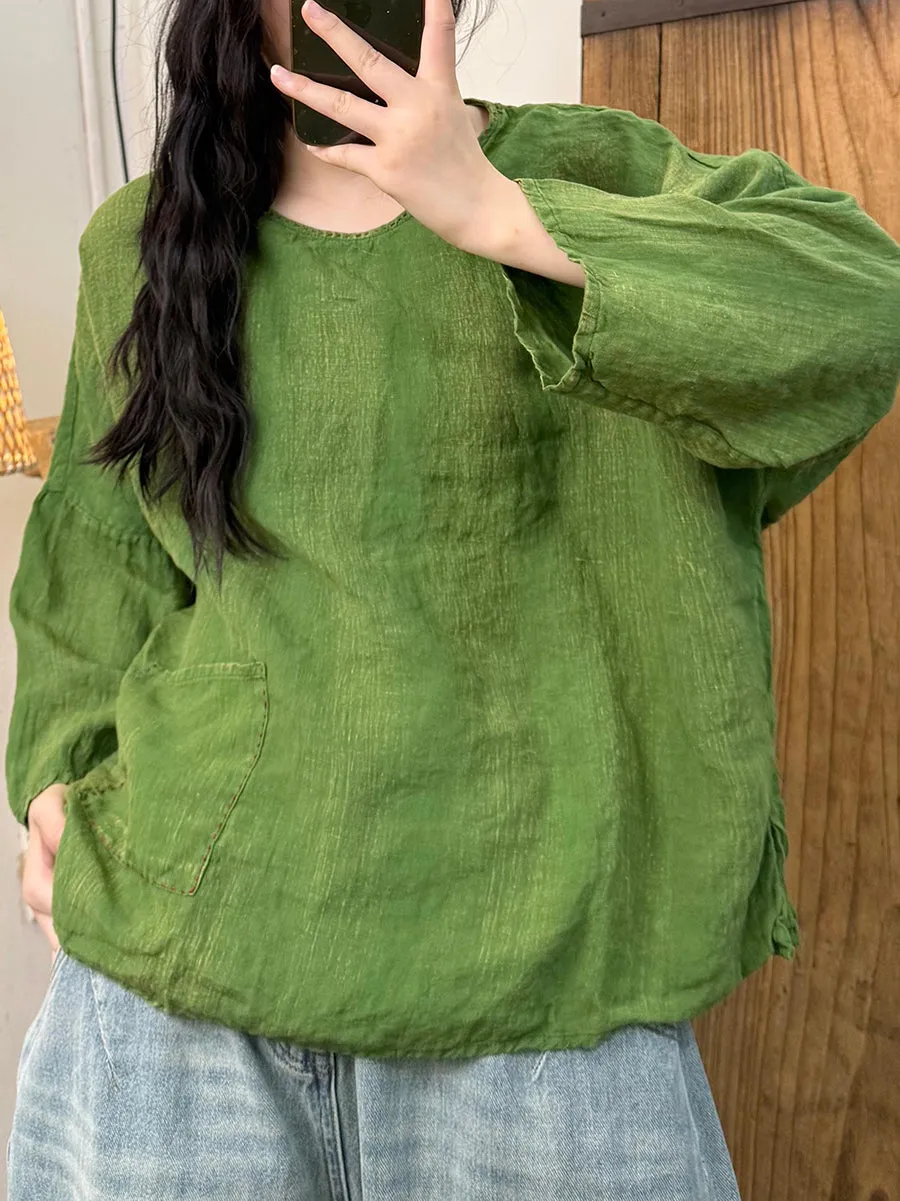 Women Summer Pure Color O-Neck Linen Shirt