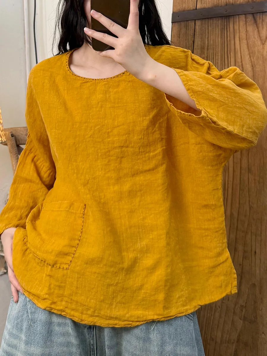 Women Summer Pure Color O-Neck Linen Shirt