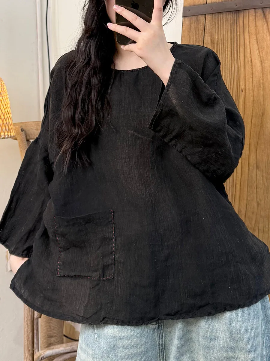 Women Summer Pure Color O-Neck Linen Shirt