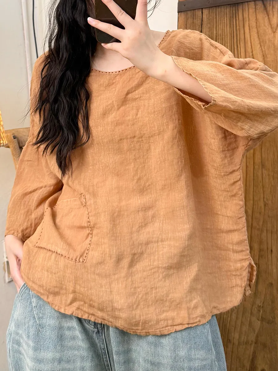 Women Summer Pure Color O-Neck Linen Shirt