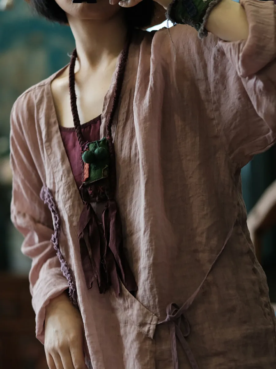 Women Vintage Flower Spliced Summer Strap Ramie Shirt